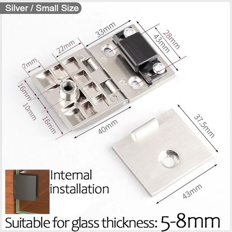 (Petit format intérieur argenté) Kit de charnière pivotante à 90° pour porte de douche en verre (1 pièce), avec vis de fixation pour vitrine, compatible avec verre de 5 à 10 mm. (1/5)