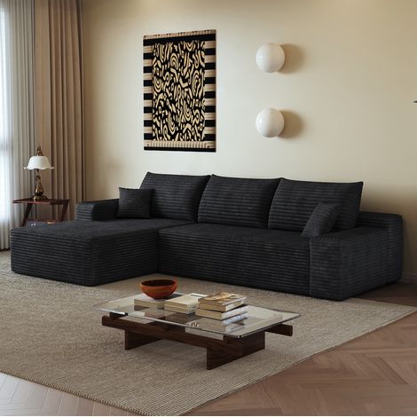 Sofá modular esquinero 270 cm negro en tela de pana con chaise longue reversible sin montaje (1/5)