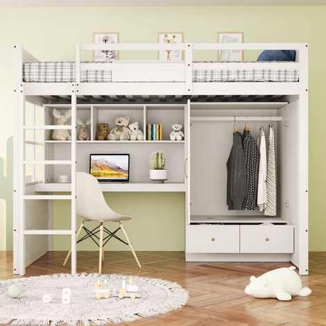 Cama alta infantil 90x200 cm con escalera, escritorio, armario, almacenaje y 2 cajones, estructura de madera - Blanco (1/5)