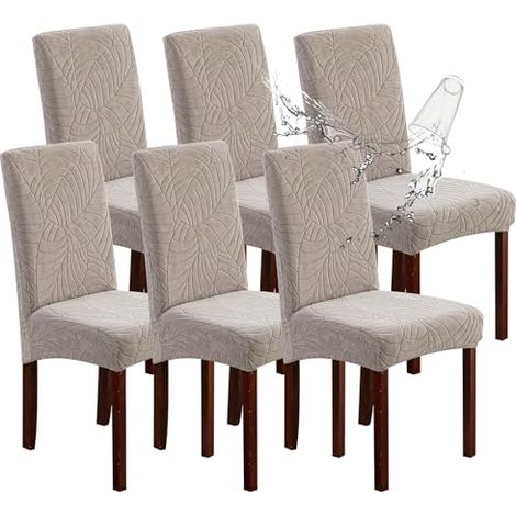 Lot de 6 Housses de Chaise pour Salle à Manger Extensibles, Amovibles et lavables en Jacquard, Protection pour chaises de Cuisine, hôtel, Restaurant (Feuilles Gris Chaud) (1/4)