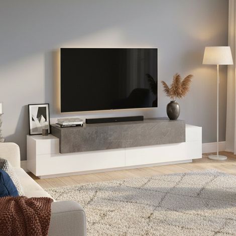 Dmora Mueble para TV para salón, Made in Italy, Mueble para TV con 3 puertas y estantes, cm 200x45h52, color Blanco Brillo y Gris Ceniza, con embalaje reforzado (1/5)