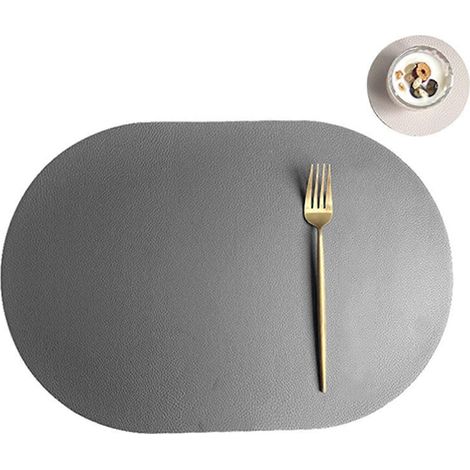 Set de sets de table ovales anti-taches en PU souple, idéal pour dîners, tables basses et restaurants. Lavable en machine. Gris foncé et blanc cassé. (1/5)