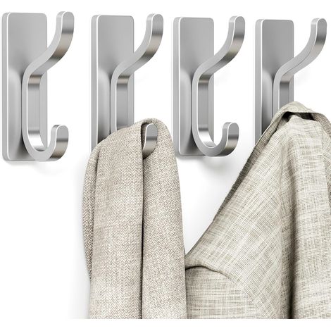 Lot de 4 crochets autocollants pour suspension : robustes à coller (supporte 6 kg), adhésifs mur, porte, cuisine, salle bain - Idéal manteau, serviette Argent'Argent 4