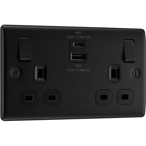 Prise murale à double interrupteur avec charge super rapide de type A et ports USB de type C, métal, noir mat, 13 A (1/5)