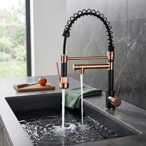 Miscelatore da cucina oro rosa con doccetta a molla - Rubinetto per lavello girevole a 360° a doppio becco, acqua calda e fredda, 2 getti