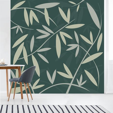 Papier peint intissé motif feuilles de bambou vert clair sur fond vert foncé, 250 cm X 250 cm (1/2)