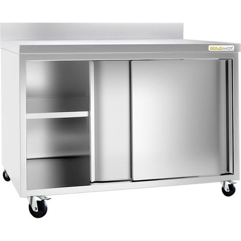 Meuble bas inox 1800x800 mm adossé sur roulettes PREMIUM - GOLDINOX (1/4)