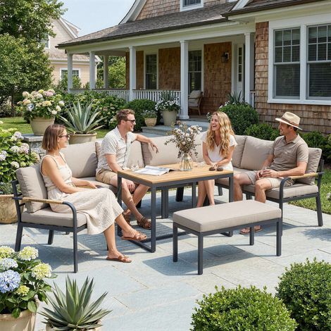 Salon de Jardin 7 Pièces Ensemble Canapé d'Angle Extérieur Modulable avec Table en WPC et Pouf Beige et Gris