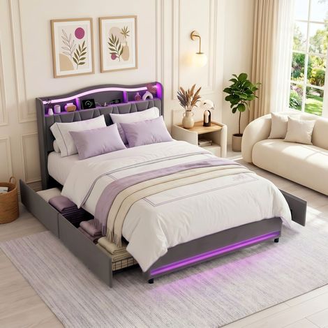Letto Matrimoniale 140x200 con LED e Presa USB Type-C, Letto Imbottito in Tessuto Pile con 4 Cassetti e Testiera con Vano Contenitore Integrato - Grigio (1/5)