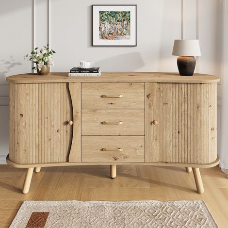 Sideboard MDF Natur 150 x 36,5 x 75 cm mit 2 Schiebetüren, 3 Schubladen und verstellbaren Einlegeböden