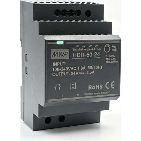 HDR-60-24 Alimentation 24 V pour rails DIN de 35 mm 60 W 2,5 A Dissipation efficace de la chaleur Convient pour l'automatisation industrielle, l'éclairage à LED