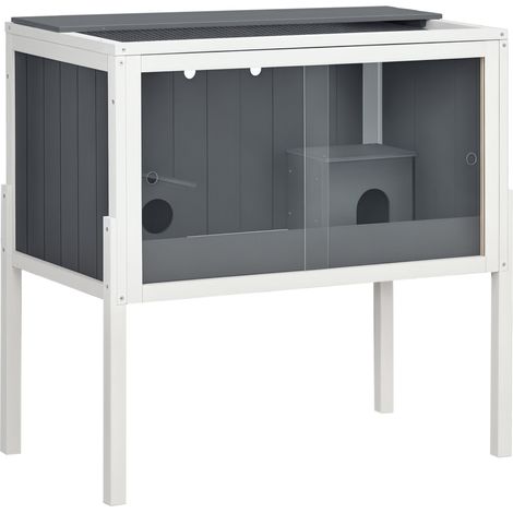 Cage pour hamster nain de 3000 cm² en bois et métal, avec 2 maisons, portes coulissantes en acrylique, stable et sécurisée, grise et blanche.