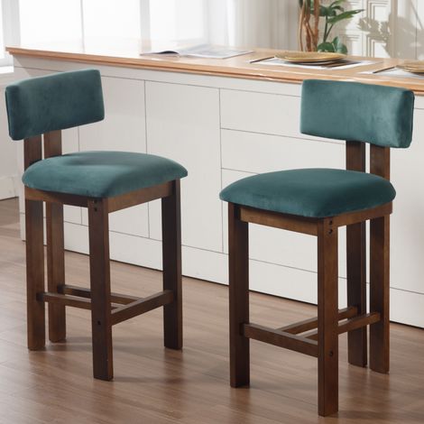 Wahson Tabouret de Bar Vintage en Bois Lot de 2 Chaise de Bar en Velours, Coussin Epais, Pied en Bois Massif, Chaise Haute Cuisine Confortable pour Bar, Vert (1/5)