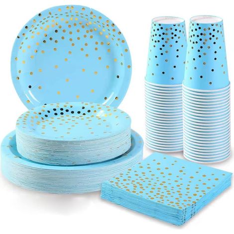 Set di posate usa e getta per feste, composto da 80 pezzi, inclusi piatti, tovaglioli e bicchieri di carta. (1/5)