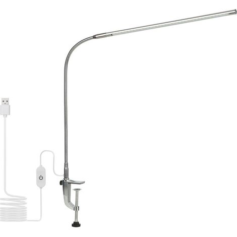 Lámpara de escritorio USB con clip, luz blanca, carcasa plateada, atenuación táctil y función de memoria. (1/5)