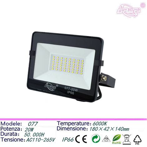 PROJECTEUR LED SMD D'EXTÉRIEUR IP66 20 W 6 000 K BLANC FROID FIN NOIR