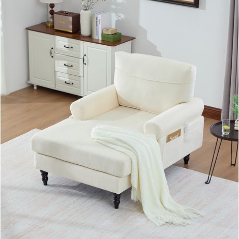 Sillón chaise longue 125.5x97x86 cm beige en chenilla con bolsillos laterales (1/5)