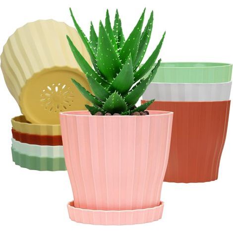 5 Pièces Pots de Fleurs en Plastique, 15CM Pot Épais Jardinière à Contrôle des Racines à Rayures avec Trou de Drainage et Soucoupe pour Plantes Fleurs Herbes Succulentes Cactus (5 Couleurs) (1/5)