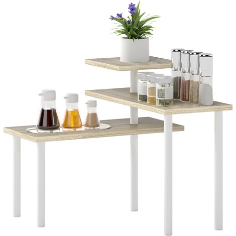 Étagère de cuisine à 3 niveaux avec 3 étagères pivotantes, structure en métal et design en escalier pour salle à manger/salon, couleur naturelle (1/5)