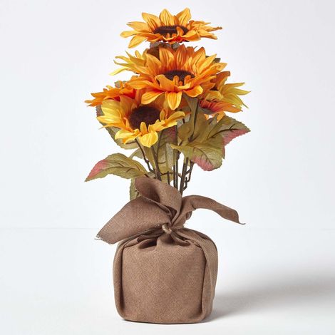 HOMESCAPES Yellow and Golden Artificial Sunflower Arrangement in Burlap Pot (1/4)