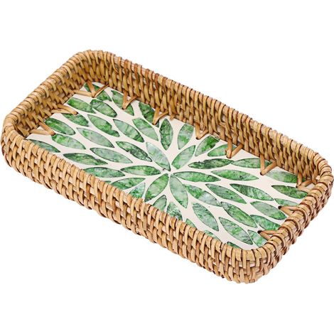 Panier décoratif en rotin - 1 pièce - Rotin naturel et nacre - Rangement clés et bijoux - Entrée et chambre - Vert 21x11x4 cm (1/5)