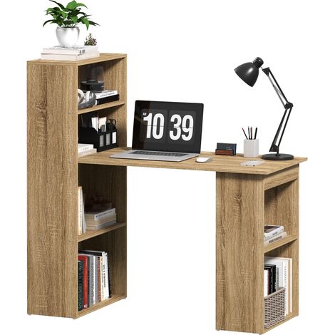 Bureau Informatique avec étagère de rangement Bureau d'angle bibliothèque adjacente Multi-rangements Chêne (1/5)