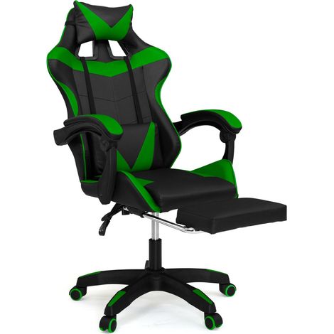 Verstellbarer ALEX Gaming-Stuhl mit Fußstütze, Kopf- und Lendenkissen Schwarz und Grün
