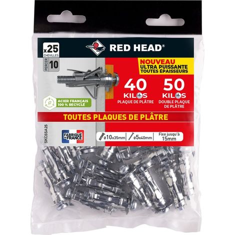 Paquete de 25 tacos de pared RED HEAD, 10 mm de diámetro x 35 mm de longitud, y tornillos de expansión de 5 mm de diámetro x 40 mm de longitud. RED HEAD (1/4)