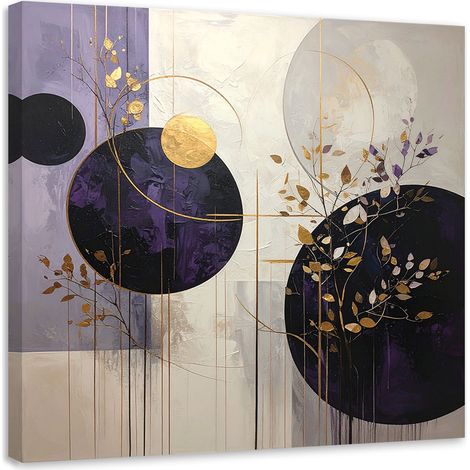 Impression sur Toile, Abstraction cercles et feuilles beige et violet,20x20 (1/4)