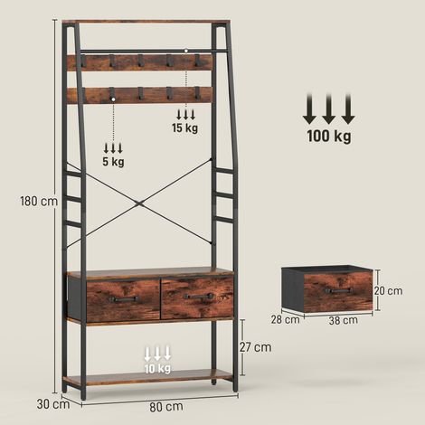 Garderobe mit Schuhregal, Mantelständer mit Sitzbank, 10 Haken, 2 Stoffschubladen, Kleiderstange, Spanplatte, Metall, Braun (1/5)