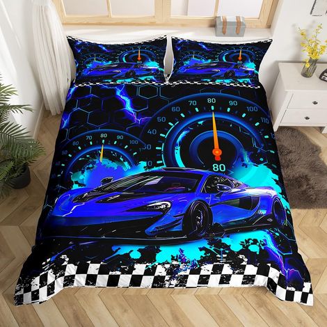 Enfants Voiture de Course Bleue Housse de Couette 140x200cm, Voiture de Sport de Vitesse Housse de Couette Garçons Adolescents Parure de Lit Sports extrêmes Literie avec 1 taie d'oreiller (1/5)