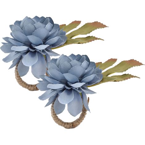 de 2 ronds de serviette décoratifs en bois motif floral bleu (1/5)