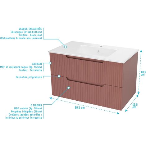 meuble de salle de bains leon 80cm terracotta - 2 tiroirs en mdf ondulés - vasque à encastrer — vue 4
