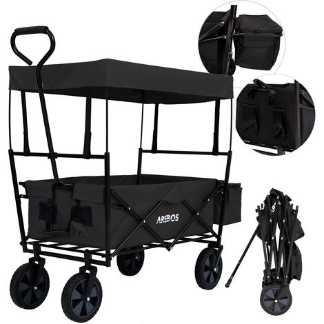 AREBOS Bollerwagen faltbar mit Dach Handwagen Transportwagen Faltwagen Gerätewagen inkl. 2 Netztaschen und Einer Außentasche faltbar bis 70 kg Tragkraft 360° Vollgummireifen Schwarz (1/5)