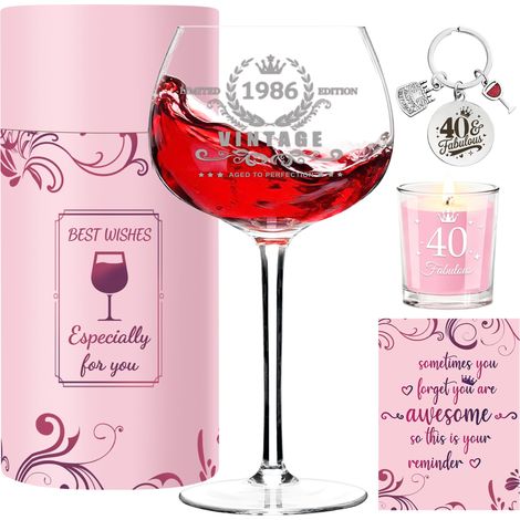Coffret cadeau d'anniversaire vintage 1986 pour femme – Verre à vin, bougie parfumée, porte-clés et carte de vœux – Cadeau d'anniversaire pour amie, épouse, maman, sœur (1/5)