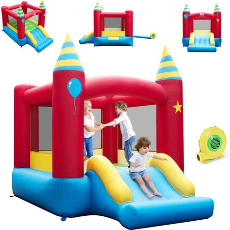 COSTWAY Château Gonflable avec Toboggan Lisse & Souffleur 370W, Aire de Jeux Gonflable en Tissu Oxford avec Trampoline, Intérieur Extérieur pour 3 Enfants de 3-10 Ans, Charge 135KG, 206x190x205cm (1/5)