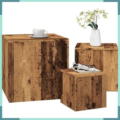 Set de 3 tables d'appoint - 856676 - vieux bois - bois d'ingénierie - carrées (1/5)