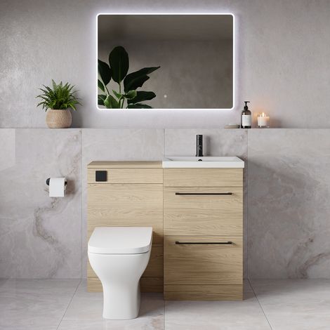 Napoli 390 Light Oak 1000mm 2 Drawer Vanity Unit Toilet Suite with Glide Basin - 1000mm - Matt Black 320mm HandleWith Kingston Toilet Pan and Seat