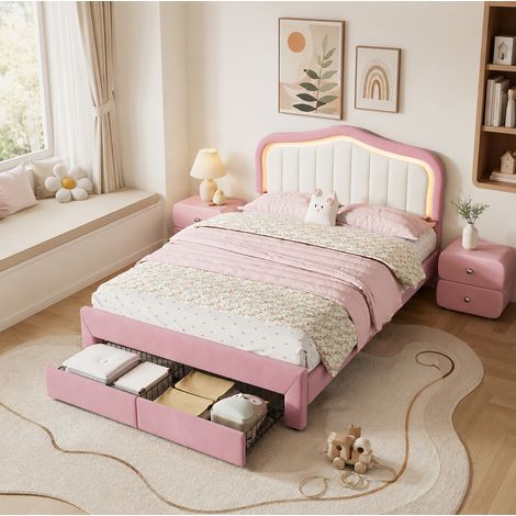 Lit 2 places 140x200 cm en velours rose avec 2 tiroirs et LED, sans matelas - CHICFURN (1/5)