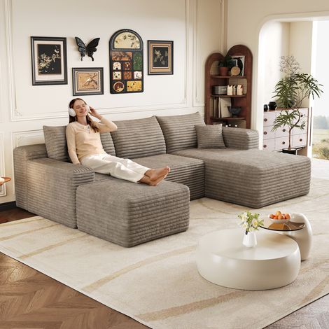 Canapé d'angle 241 cm motif nuage, canapé moderne et minimaliste, confortable, assise profonde avec angle, livré monté, couleur camel (1/4)