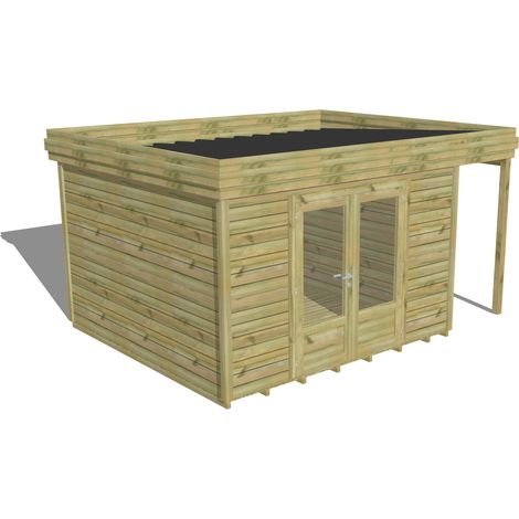 ABRI DE JARDIN bois Pin autoclave 27mm - 4,44x3,44m / 15,3m2 - Bac acier - Plancher bois (1/5)