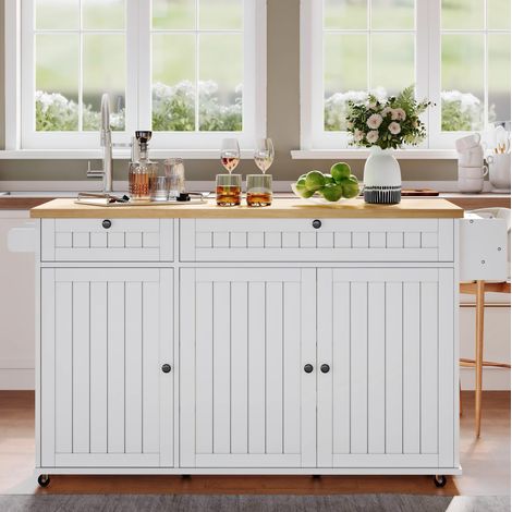 Isla de cocina 137x70x89.5 cm blanco y natural en MDF con encimera abatible y ruedas con freno (1/5)
