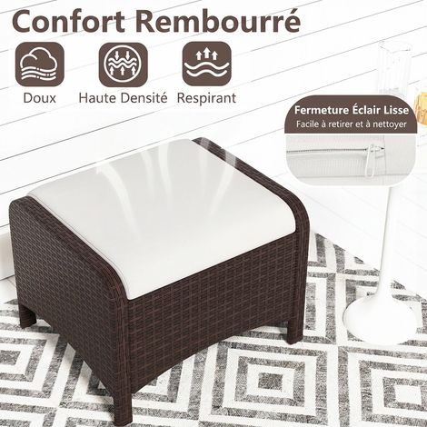 Lot de 2 poufs blancs en rotin PE avec coussins rembourrés amovibles et pieds réglables pour jardin, terrasse et véranda (1/5)