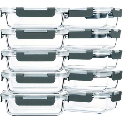 Glasbehälter für Lebensmittel, auslaufsicher, stapelbares Design, GRAU, 10Stück-a (1/2)