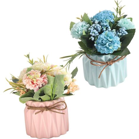 Lot de 2 Plantes Artificielles D’intérieur, Bonsaï Décoratif en Pot Rose Plateau Bleu, Petite Plante Fleurie Réaliste pour Salon, Bureau et Décoration Maison, Ornement Floral (1/5)