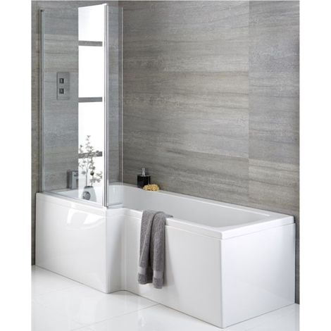 Milano Elswick White 1700mm x 850mm Left Hand Square Bathroom Shower Bath and Chrome Profile Bath Screen - With End Panel (1/5)