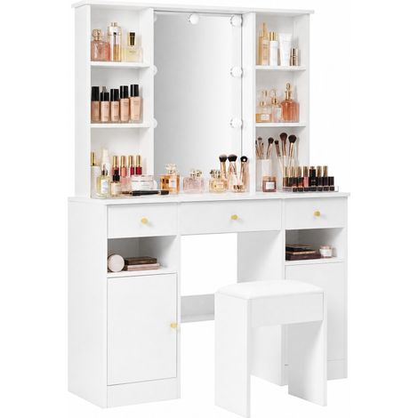 Coiffeuse blanche avec miroir LED réglable, 10 ampoules et 4 niches de rangement, 3 tiroirs, 2 portes, meuble maquillage pour chambre, de CHICFURN (1/5)