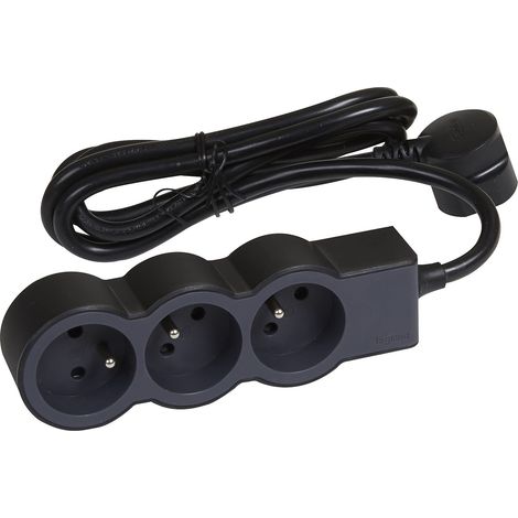 Rallonge multiprise extra-plate avec 3 prises de courant avec terre avec cordon 3m - noir et gris foncé