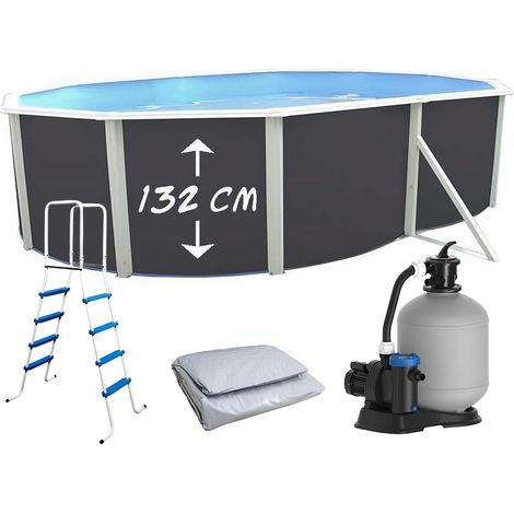 Piscine hors-sol acier TOI MAGNUM ANTHRACITE ovale 640x366x132cm liner gris filtre 6m³/h