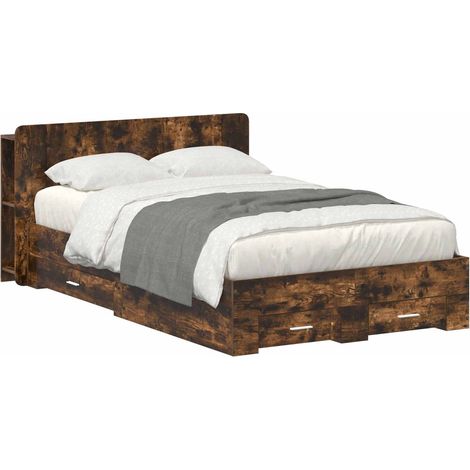 Cadre de lit 120 x 190 cm avec rangements et tête de lit en bois d'ingénierie chêne fumé - PANGIVO (1/5)